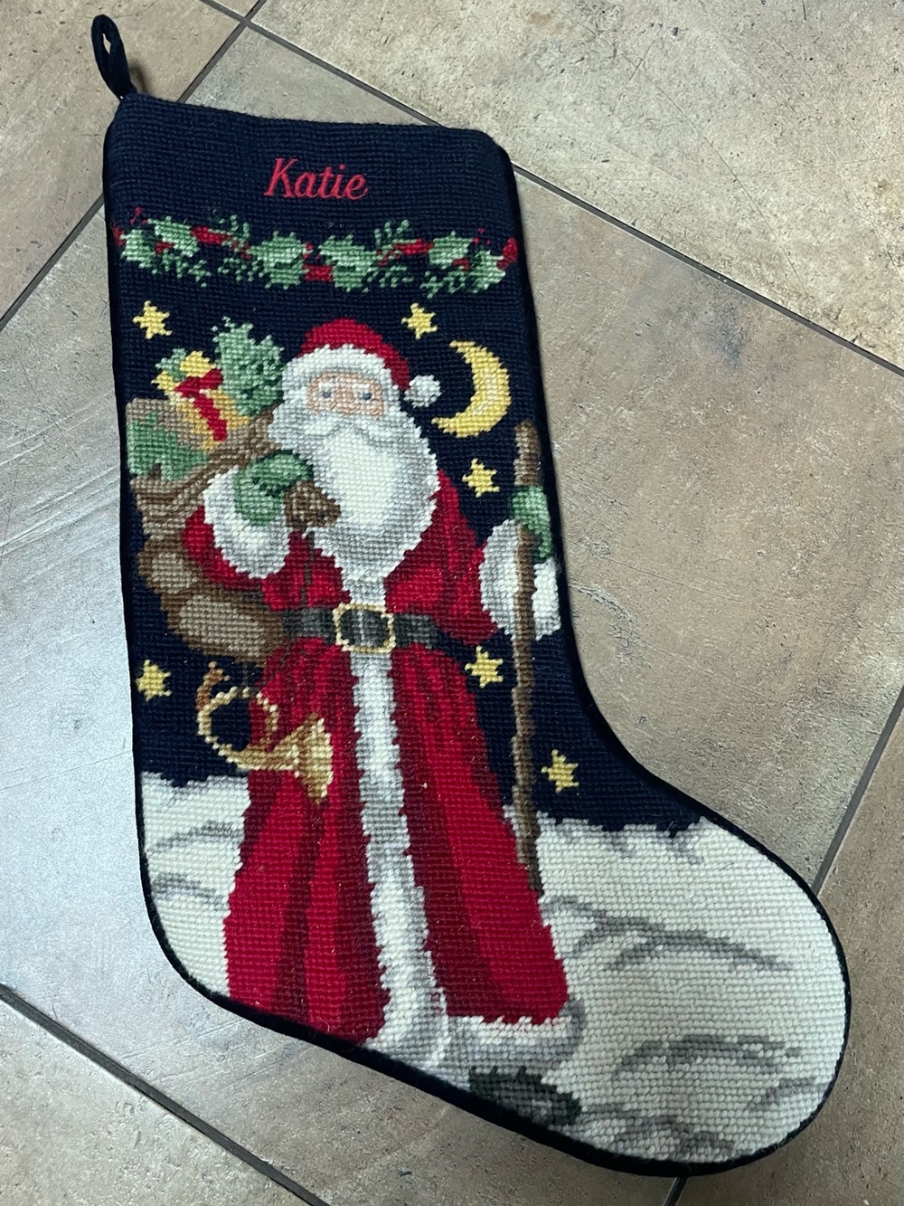 LANDS’ END Santa Claus St. Nick Wool Needlepoint Christmas Stocking blue KATIE